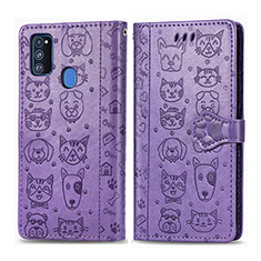 Leather Case Stands Fashionable Pattern Flip Cover Holder S03D for Samsung Galaxy M21 Purple