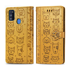 Leather Case Stands Fashionable Pattern Flip Cover Holder S03D for Samsung Galaxy M21 Yellow
