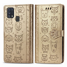 Leather Case Stands Fashionable Pattern Flip Cover Holder S03D for Samsung Galaxy M21s Gold