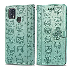 Leather Case Stands Fashionable Pattern Flip Cover Holder S03D for Samsung Galaxy M21s Green