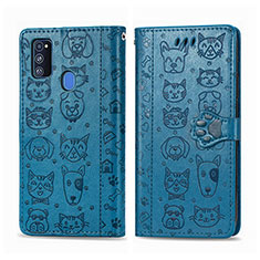 Leather Case Stands Fashionable Pattern Flip Cover Holder S03D for Samsung Galaxy M30s Blue