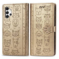 Leather Case Stands Fashionable Pattern Flip Cover Holder S03D for Samsung Galaxy M32 5G Gold