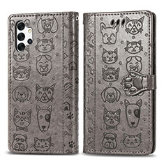 Leather Case Stands Fashionable Pattern Flip Cover Holder S03D for Samsung Galaxy M32 5G Gray