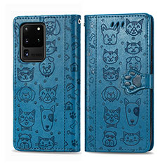 Leather Case Stands Fashionable Pattern Flip Cover Holder S03D for Samsung Galaxy S20 Ultra 5G Blue