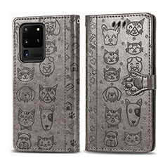 Leather Case Stands Fashionable Pattern Flip Cover Holder S03D for Samsung Galaxy S20 Ultra 5G Gray