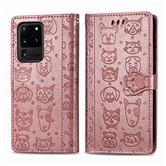 Leather Case Stands Fashionable Pattern Flip Cover Holder S03D for Samsung Galaxy S20 Ultra 5G Pink