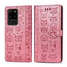 Leather Case Stands Fashionable Pattern Flip Cover Holder S03D for Samsung Galaxy S20 Ultra 5G Rose Gold