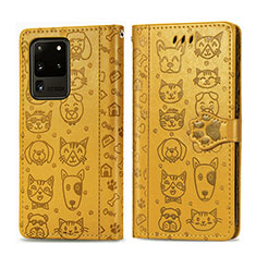 Leather Case Stands Fashionable Pattern Flip Cover Holder S03D for Samsung Galaxy S20 Ultra 5G Yellow