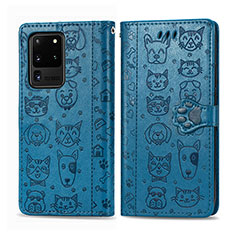 Leather Case Stands Fashionable Pattern Flip Cover Holder S03D for Samsung Galaxy S20 Ultra Blue