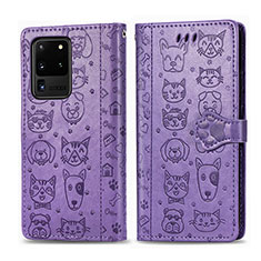 Leather Case Stands Fashionable Pattern Flip Cover Holder S03D for Samsung Galaxy S20 Ultra Purple