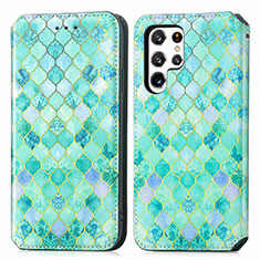 Leather Case Stands Fashionable Pattern Flip Cover Holder S03D for Samsung Galaxy S21 Ultra 5G Green