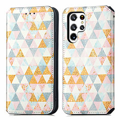 Leather Case Stands Fashionable Pattern Flip Cover Holder S03D for Samsung Galaxy S21 Ultra 5G White