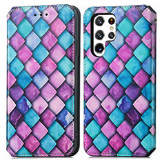 Leather Case Stands Fashionable Pattern Flip Cover Holder S03D for Samsung Galaxy S22 Ultra 5G Purple