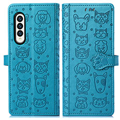 Leather Case Stands Fashionable Pattern Flip Cover Holder S03D for Samsung Galaxy Z Fold3 5G Blue