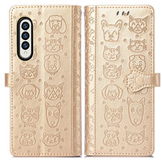 Leather Case Stands Fashionable Pattern Flip Cover Holder S03D for Samsung Galaxy Z Fold3 5G Gold