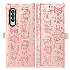 Leather Case Stands Fashionable Pattern Flip Cover Holder S03D for Samsung Galaxy Z Fold3 5G Pink