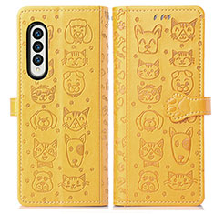 Leather Case Stands Fashionable Pattern Flip Cover Holder S03D for Samsung Galaxy Z Fold3 5G Yellow