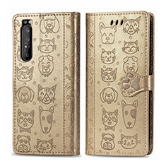 Leather Case Stands Fashionable Pattern Flip Cover Holder S03D for Sony Xperia 1 II Gold