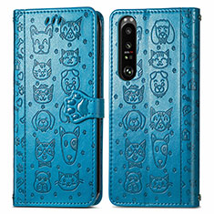 Leather Case Stands Fashionable Pattern Flip Cover Holder S03D for Sony Xperia 1 III Blue