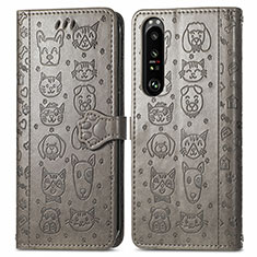 Leather Case Stands Fashionable Pattern Flip Cover Holder S03D for Sony Xperia 1 III Gray