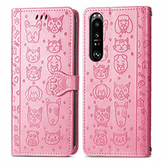 Leather Case Stands Fashionable Pattern Flip Cover Holder S03D for Sony Xperia 1 III Pink