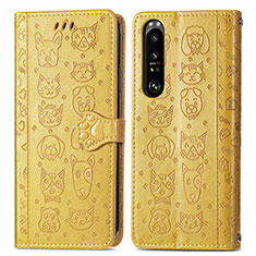 Leather Case Stands Fashionable Pattern Flip Cover Holder S03D for Sony Xperia 1 III Yellow
