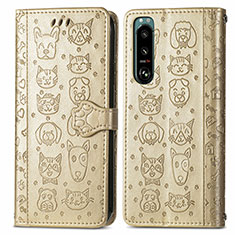 Leather Case Stands Fashionable Pattern Flip Cover Holder S03D for Sony Xperia 5 III Gold