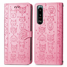 Leather Case Stands Fashionable Pattern Flip Cover Holder S03D for Sony Xperia 5 III Pink