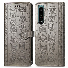 Leather Case Stands Fashionable Pattern Flip Cover Holder S03D for Sony Xperia 5 IV Gray