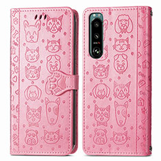Leather Case Stands Fashionable Pattern Flip Cover Holder S03D for Sony Xperia 5 IV Pink