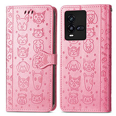 Leather Case Stands Fashionable Pattern Flip Cover Holder S03D for Vivo iQOO 10 5G Pink