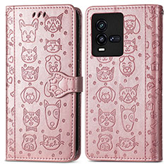 Leather Case Stands Fashionable Pattern Flip Cover Holder S03D for Vivo iQOO 10 5G Rose Gold