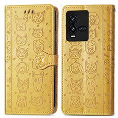 Leather Case Stands Fashionable Pattern Flip Cover Holder S03D for Vivo iQOO 10 5G Yellow