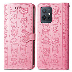 Leather Case Stands Fashionable Pattern Flip Cover Holder S03D for Vivo iQOO Z6 5G Pink