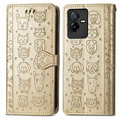 Leather Case Stands Fashionable Pattern Flip Cover Holder S03D for Vivo T2x 5G Gold