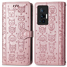 Leather Case Stands Fashionable Pattern Flip Cover Holder S03D for Vivo X70 Pro 5G Rose Gold