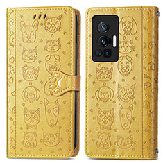 Leather Case Stands Fashionable Pattern Flip Cover Holder S03D for Vivo X70 Pro 5G Yellow