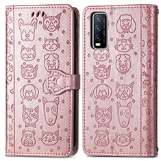 Leather Case Stands Fashionable Pattern Flip Cover Holder S03D for Vivo Y11s Rose Gold