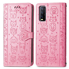Leather Case Stands Fashionable Pattern Flip Cover Holder S03D for Vivo Y20s Pink