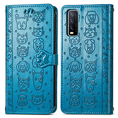 Leather Case Stands Fashionable Pattern Flip Cover Holder S03D for Vivo Y30 Blue