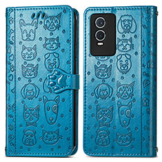 Leather Case Stands Fashionable Pattern Flip Cover Holder S03D for Vivo Y76s 5G Blue
