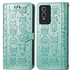 Leather Case Stands Fashionable Pattern Flip Cover Holder S03D for Vivo Y76s 5G Green