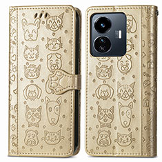 Leather Case Stands Fashionable Pattern Flip Cover Holder S03D for Vivo Y77e 5G Gold