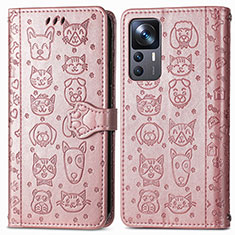 Leather Case Stands Fashionable Pattern Flip Cover Holder S03D for Xiaomi Mi 12T 5G Rose Gold