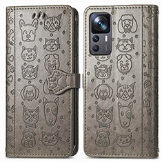 Leather Case Stands Fashionable Pattern Flip Cover Holder S03D for Xiaomi Mi 12T Pro 5G Gray