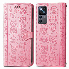 Leather Case Stands Fashionable Pattern Flip Cover Holder S03D for Xiaomi Mi 12T Pro 5G Pink
