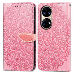 Leather Case Stands Fashionable Pattern Flip Cover Holder S04D for Huawei P50 Pro Rose Gold