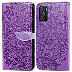 Leather Case Stands Fashionable Pattern Flip Cover Holder S04D for Oppo A55S 5G Purple