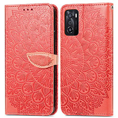 Leather Case Stands Fashionable Pattern Flip Cover Holder S04D for Oppo A55S 5G Red