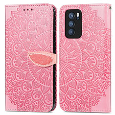 Leather Case Stands Fashionable Pattern Flip Cover Holder S04D for Oppo Reno6 Pro 5G India Rose Gold